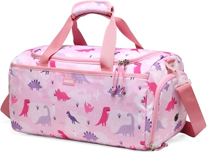 Kids Duffle Bag,VASCHY Travel Bag for Toddler Children Girls Water Resistant Overnight Duffel Ballet Dance Sport Carry On Weekender with Shoes Compartment Dry Wet Pocket Pink Dinosaur by Vaschy