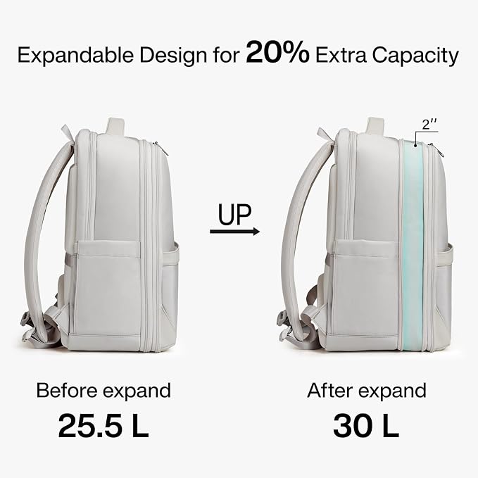 Hanke Expandable Travel Backpack 17 Inch, Full-Open Laptop Backpack, Grey | Fits 15.6 Inch Laptop, Water-Resistant, Carry On Personal Item Bag, 20L-25L, Trolley Sleeve, Business Work Bag for Women Men - Image 4