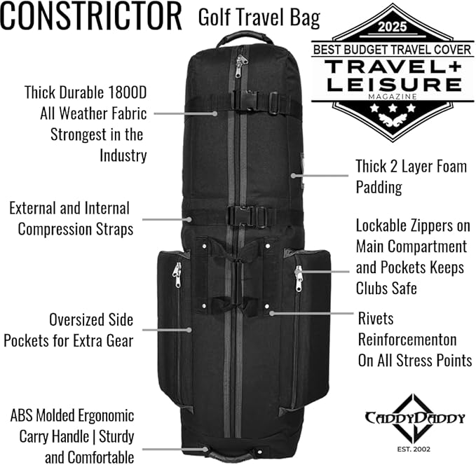 CaddyDaddy Constrictor Soft-Sided Golf Travel Bag Cover with Thick Dense Foam Padded Top 1 Year Full Travel Bag Replacement Coverage | Wheels & Lockable Zippers Case for Transporting Clubs on Airlines - Image 3