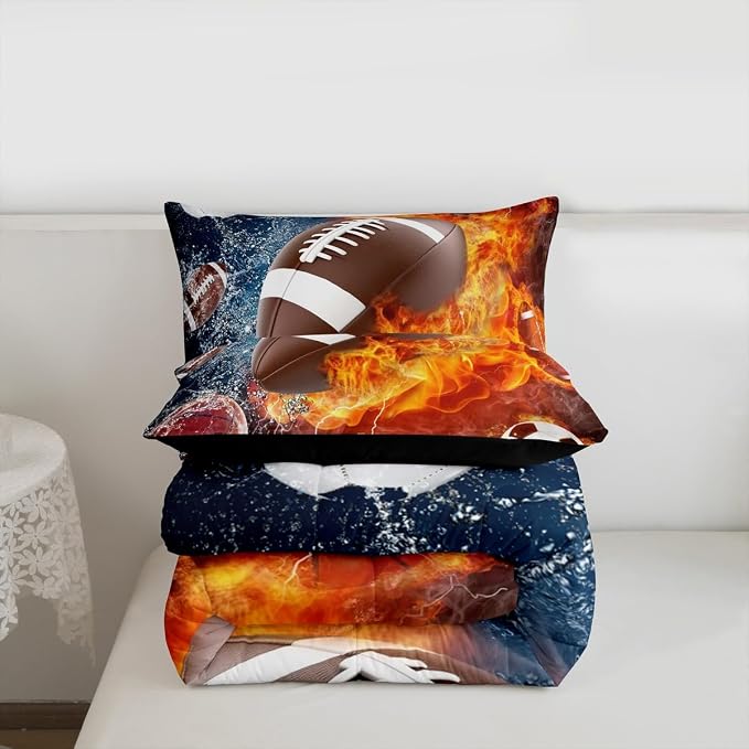 Erosebridal Football Comforter Twin Rugby Sports Bedding Set for Teen Boys Girls Kids,Soccer Basketball Baseball Comforter Red Blue Water Fire Lightning Quilt Duvet Insert Bedroom Decor 1 Pillow Case - Image 7