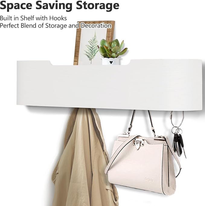 Coat Rack Wall Mount with Hidden Hooks Modern Key Holder Wood Entryway Hook with Shelf for Bedroom Kitchen Hallway Bathroom Designed for Hanging Coats Hats Bags Towels Dog Leashe(White,5 Hooks) - Image 2