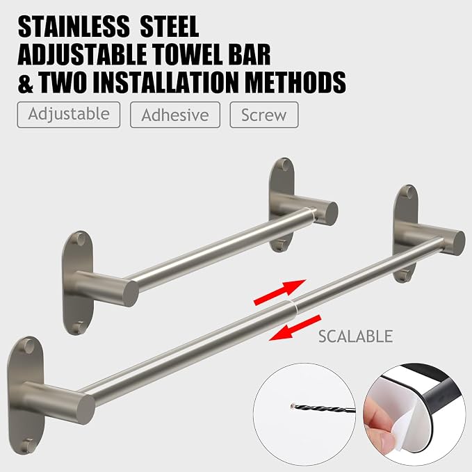 Towel Bar, Adjustable 16.7inch–28.5inch Towel Rack, Self Adhesive Towel Racks for Bathroom Wall Mounted, 304 Stainless Steel Hand Towel Holder, for Kitchen Use (Brushed Nickel, 2Pack) - Image 3