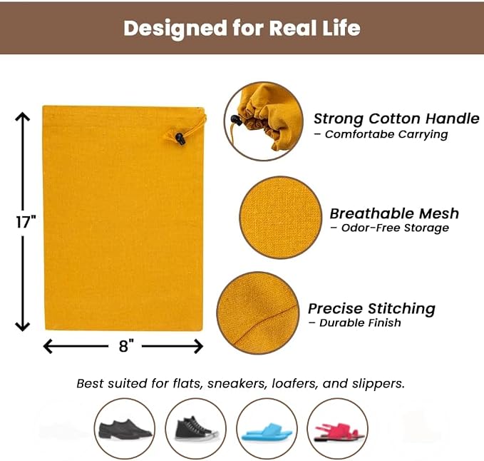 LFH Cotton Rich Shoe Storage Bags with Drawstring, Dustproof Breathable Reusable Organizer, Perfect For Travel, Dorm, Hotel, College, Gym, Easy to Carry, Machine Washable 8"x17" (Pack of 2) - Golden - Image 4