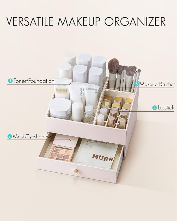 VLANDO Makeup Organizer,Vanity Organizer with Drawers, PU Leather Skincare Organizer Perfume Organizer,Large Cosmetic Display Case for Lipstick,Brushes Gifts for Women-Apricot White - Image 3