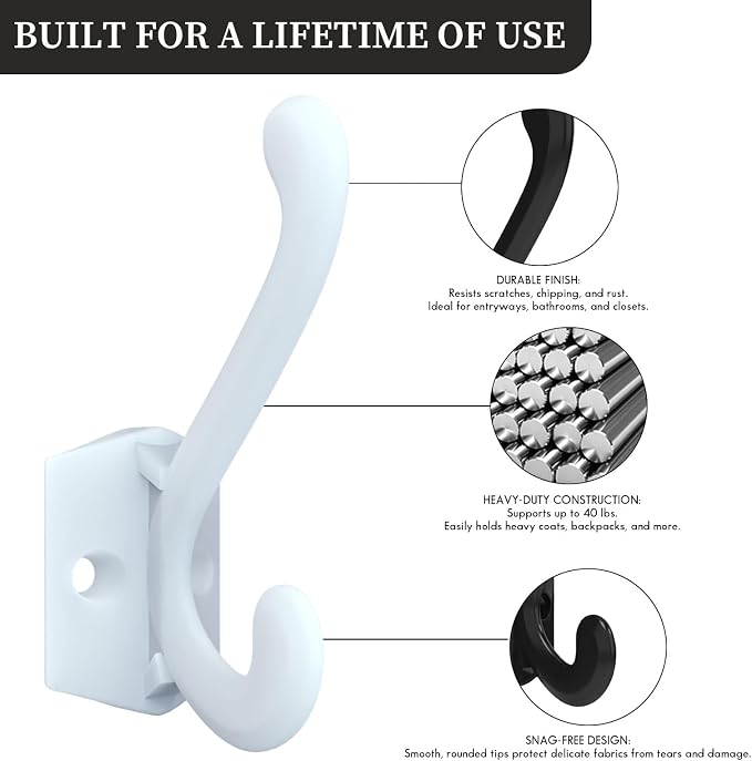 CBWLWJ 40 Pack Heavy Duty Metal Wall Hooks for Hanging, Wall Mounted Coat Hooks for Living Room, Bathroom, Kitchen – Hang Coat, Bag, Scarf, Towel, Hat, Key, Cup (White) - Image 2
