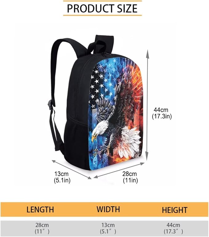 Fire and Ice Eagle American Flag Print 3Pcs School Bag Backpack Set for Teen Girl, 4th of July Kids Bookbag Durable Lightweight Knapsack with Lunch Box Pencil Case, Large School Bookbag Set - Image 2