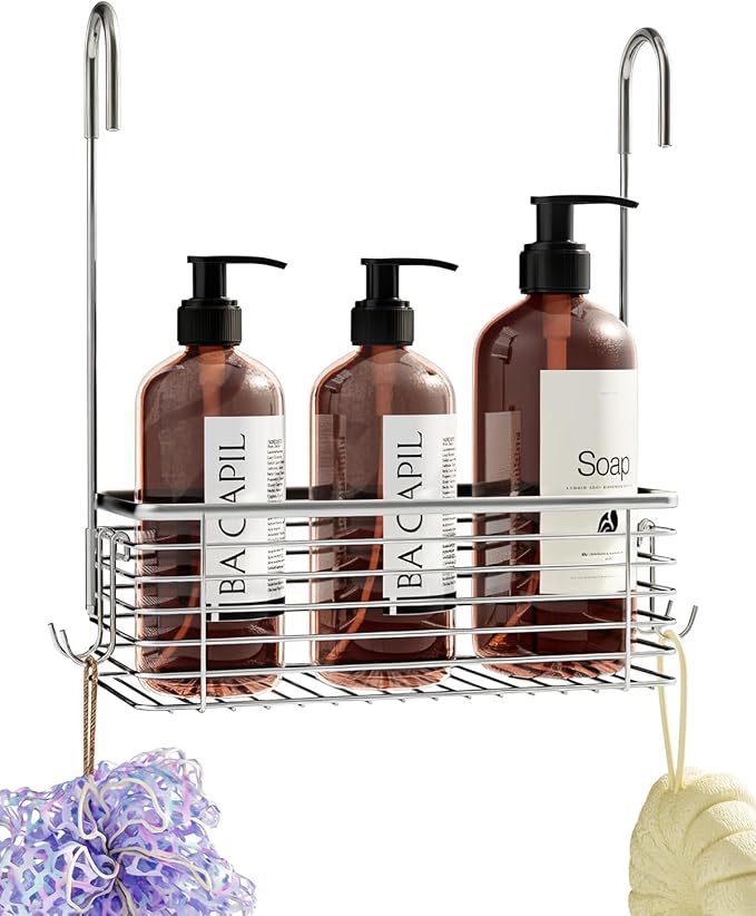 Over Door Shower Caddy, Stainless Steel Bathroom Organizer with Rotating Hooks, Hanging Storage Basket for Shampoo by Unknown