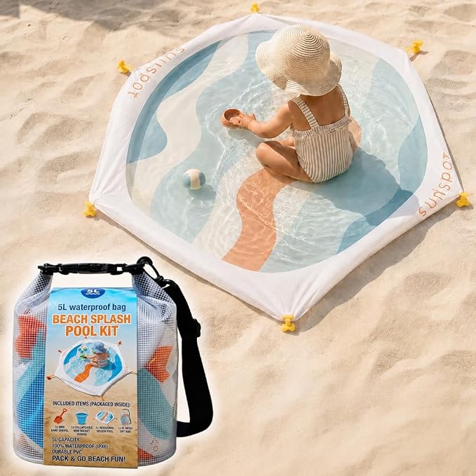 SUNSPOT 5ft Kids Beach Pool – Portable In-Ground Sand Liner with 8 Anchors, Fun Filling Bucket & Travel Carry Bag. The Ultimate Pop-Up Wading Splash Pool for Toddlers and Infants (Funky Waves) by SunSpotBeachBagsandBlanket