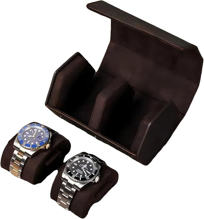 Genuine Leather Watch Roll Travel Case, Vintage Full Grain Leather Hexagon Watches Storage Organizer with Display Removable Pillows & Solid Dividers for Home Storage &Display (2 Slot) - Image 4