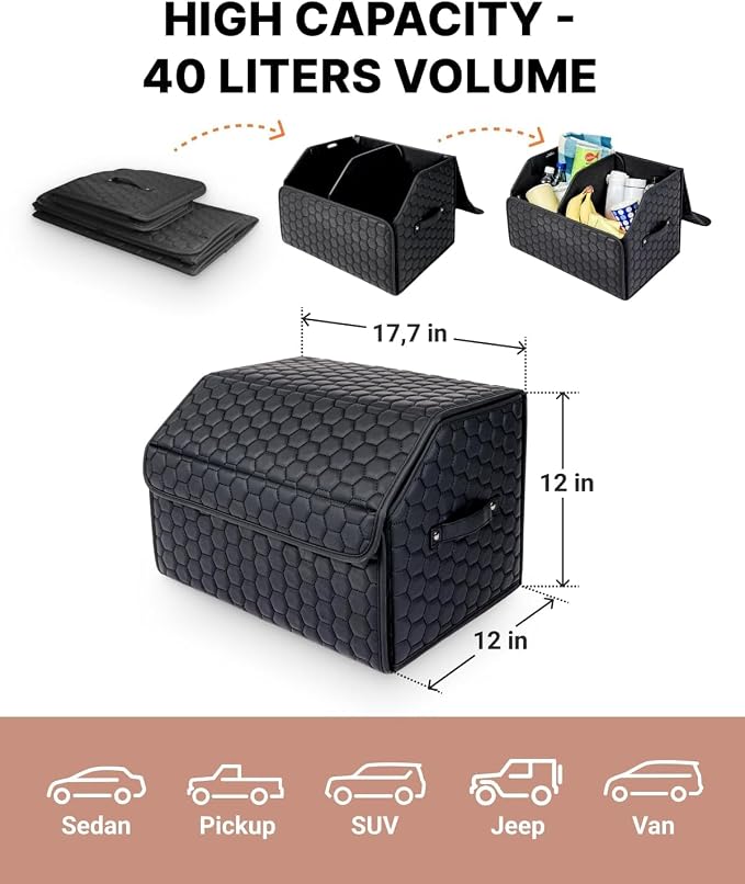 Owleys Cargo Organizer 17.7" - Compact Storage Totes with Lids for SUV, Sedan or Truck - Durable Car Crate for Travel Essentials - Black - Image 6