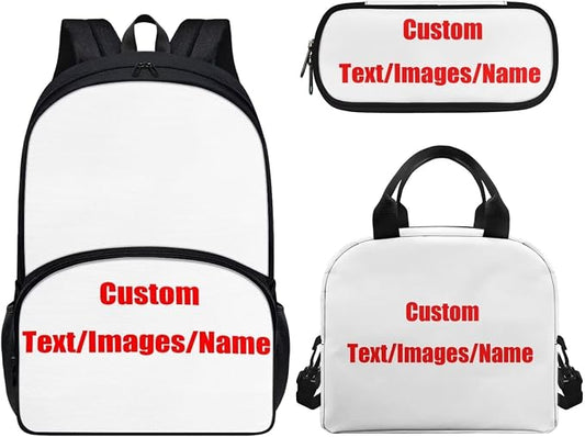 Custom Backpack Bookbag with Lunch Box Pencil Case Set 3 Pieces Set Personalized Design Backpack Daypack Satchel Add Your Image Text by Wideasale