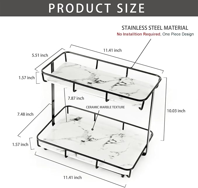 Bathroom Organizer Countertop Perfume Organizer Makeup Organizer Cosmetics Storage Display Rack Vanity Tray Dresser Stainless Steel Gold Shelf White Marble Ceramic Tray (2 Tier L-Black) - Image 6