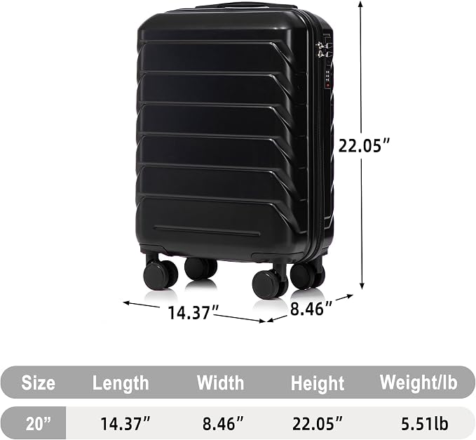 GDFStudio 20" ABS Hardshell Checked Luggage, Medium Capacity Travel Suitcase with Scratch Resistant Surface, 360° Silent Spinner Wheels, Combination Lock, Telescopic Handle and Side Hooks, Black - Image 2