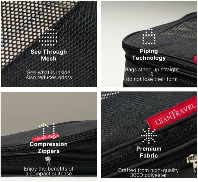LeanTravel Premium Compression Packing Cubes for Travel - Suitcase Organizer Bags with Double Zipper & Breathable Mesh Panel - Space Saving Carry On Luggage Essentials (4-Pack, Black) - Image 5