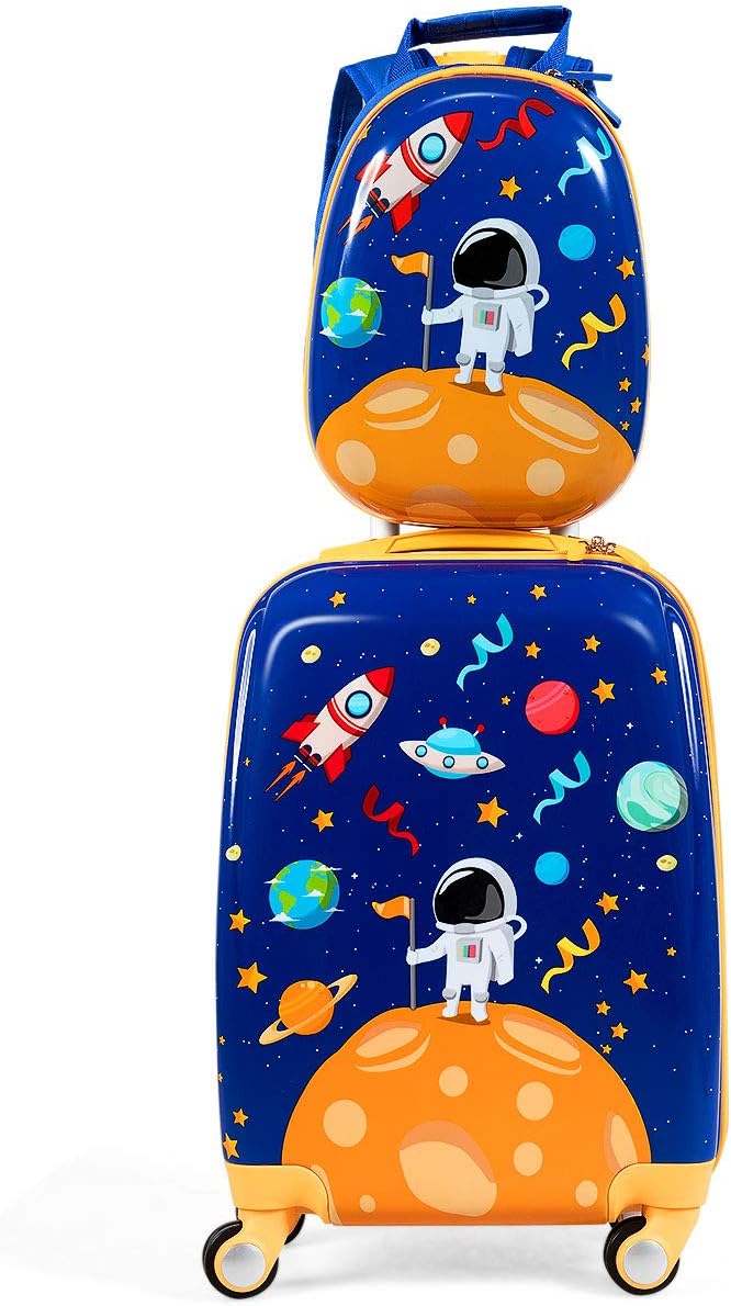 HONEY JOY Kids Luggage, 12" Toddler Backpack & 18" Travel Suitcase with Wheels, Lightweight Toddler Suitcase, Durable ABS Hardshell, 2Pcs Carry On Luggage Set for Boys Girls, Blue Astronaut - Image 9