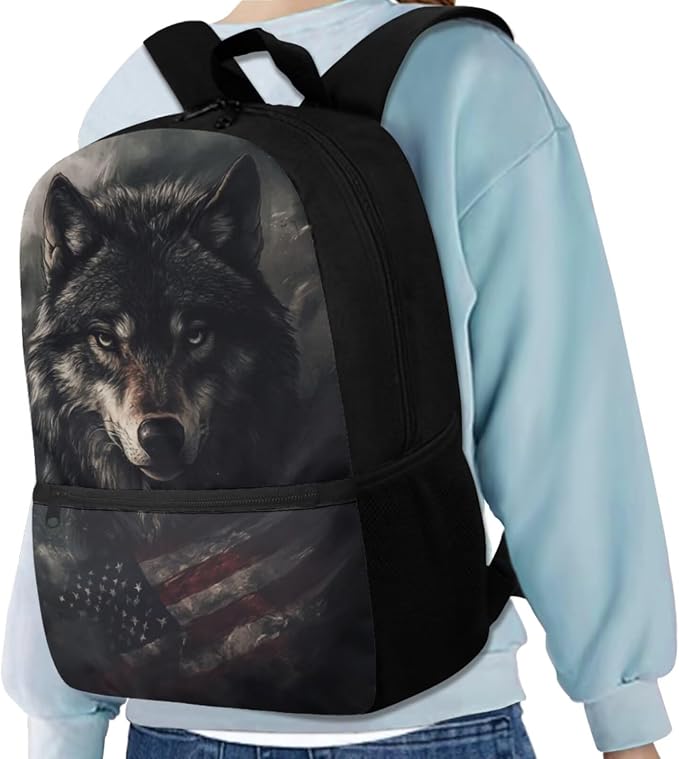 American Flag Wolf Backpack for Kids Boys Backpack with Lunch Box Water Bottle Bag and Soft Pencil Case 4PCS Set Bookbag with Front Pocket for School 17" Sturdy School Bag with Side Pocket - Image 2