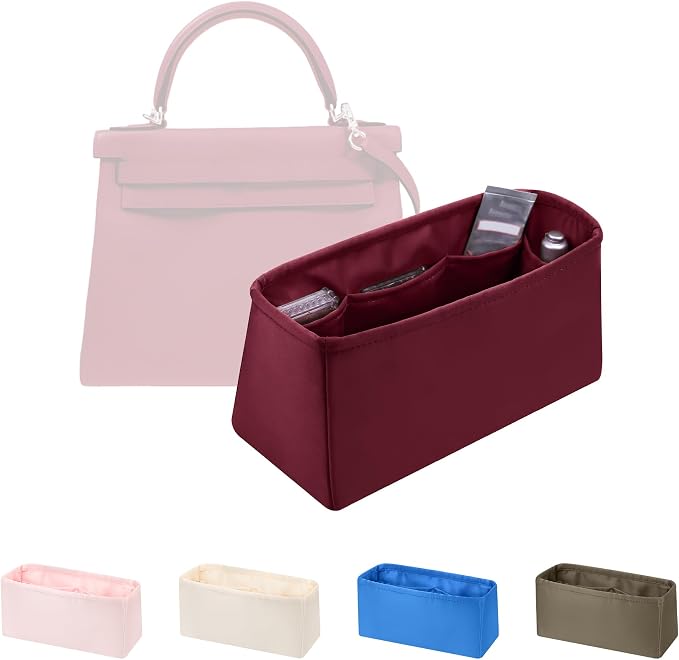 Women's Purse Organizer Insert - Satin & Lightweight Fabric with Inside Pockets, Portable for Commute, Travel, Shopping, and Evening, Multicolor Options, Fits for Kelly 28(Rouge H, KL28 Retourné) by KINGSINBAG