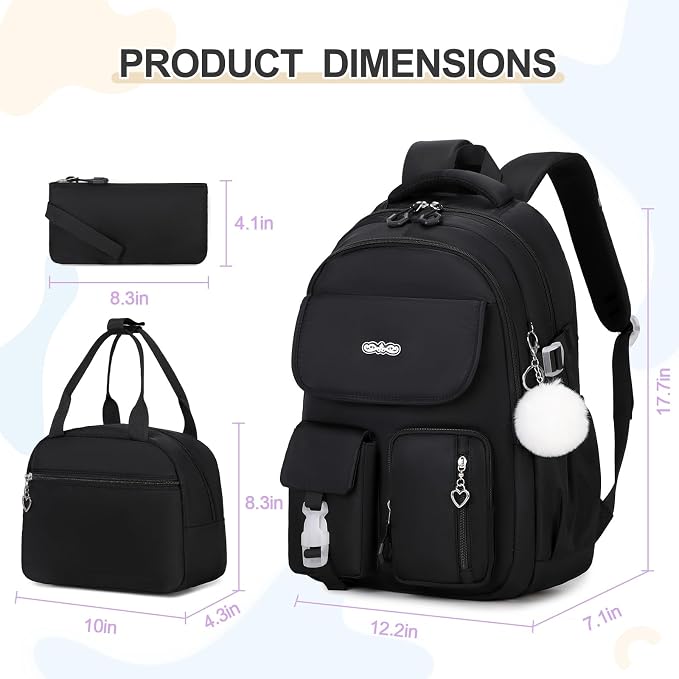 DIGOBAY Backpacks for Girls, 3PCS School Backpack with Lunch Box Pencil Pouch for Teen Girls Kids Elementary Primary Middle High College Travel School bag Bookbag Set （Black） - Image 2