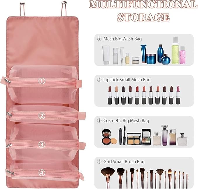 Roll-Up Makeup Cosmetic Bag with 4 Removable Pouches | Hanging Toiletry Organizer for Travel, Personal Care, Makeup | Makeup Bag | Makeup Cosmetic Accessories & Brushes (Pink) - Image 2