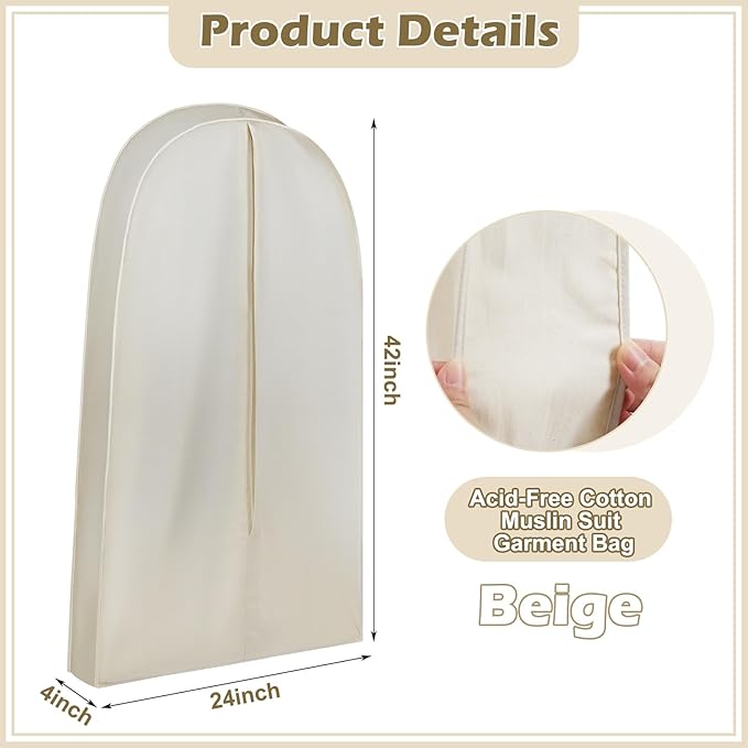 42 Inch Acid Free Cotton Muslin Suit Garment Bag Long Dress Suit Storage Box Closet Organizer for Suits, Coats, Travel Bag - Image 2