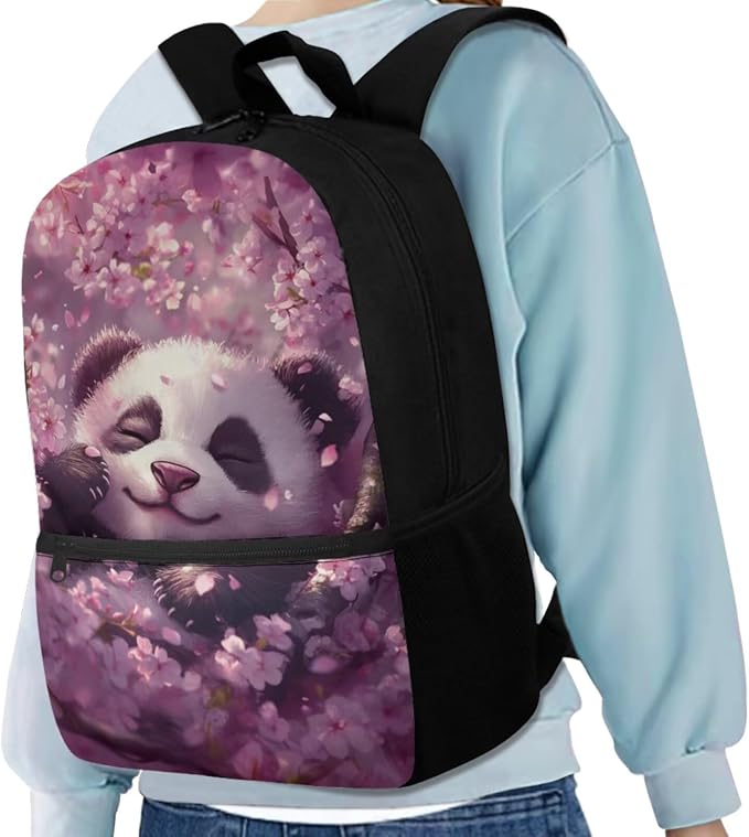 Cherry Blossom Panda Backpack for Girls Kids Backpack with Lunch Box Water Bottle Holder and Big Pencil Case 4PCS Set Bookbag with Front Pocket for School 17 inch Sturdy Elementary School Bag - Image 2