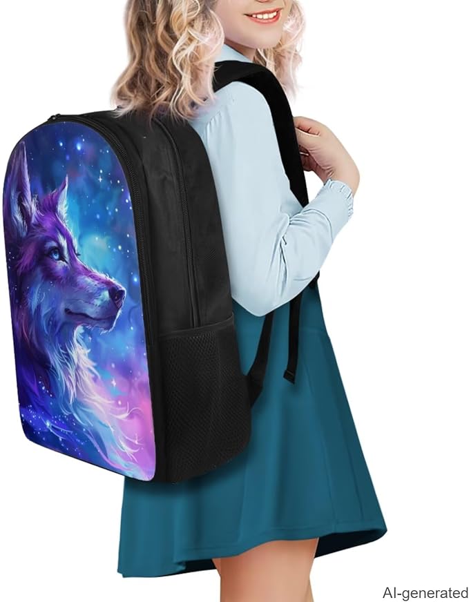 Galaxy Wolf Backpack for Girls Boys Backpack with Lunch Box Water Bottle Carrier and Pencil Pouch 4PCS Set Bookbag with Compartments for School 17 inch Large Capacity School Bag for Kids - Image 2