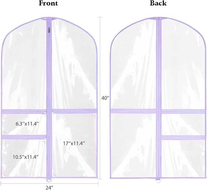 Zilink Clear Garment Bag for Dance Costumes 40” Clear PVC Dance Competition Bags Kids Garment Bag with 3 Clear Zipper Pockets for Competition and storage，Set of 4 (Clear/Purple) - Image 3