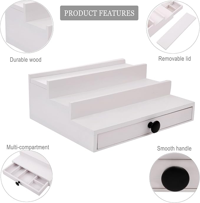 4 Tier Men's Cologne Organizer, White Wooden Display Stand with Drawer | Cologne Shelf and Rack, Perfume Tray, Hidden Storage, Multi-compartment, Dresser Display, Birthday Christmas Gift for Men - Image 4