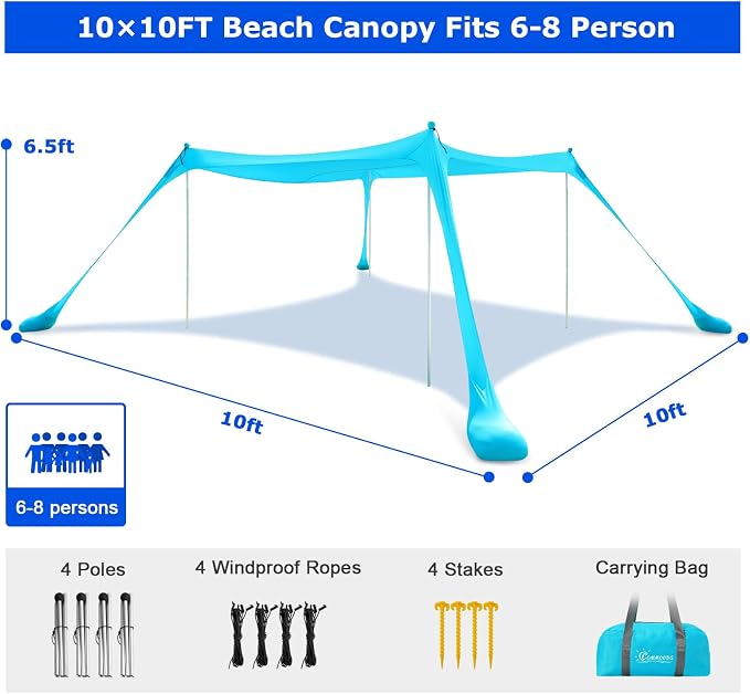 COMMOUDS Beach Tent Sun Shelter - UPF50+ Pop Up Beach Canopy with Sandbags & Sand Shovel & Windproof Poles, Portable Sun Shade for Beach, Camping, Picnics, Backyard - Image 2