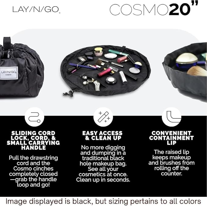 Lay-n-Go Cosmo Layflat Drawstring Cosmetic & Makeup Bag Organizer - Portable Drawstring Bag w/Zipper Pocket, Makeup Loops & More - Durable, Machine Washable Toiletry Bag for Travel (22", Checked) - Image 8