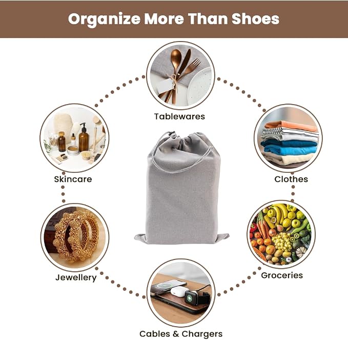 LFH Cotton Rich Shoe Storage Bags with Drawstring, Dustproof Breathable Reusable Organizer, Perfect For Travel, Dorm, Hotel, College, Gym, Easy to Carry, Machine Washable 12"x17" (Pack of 2) - Grey - Image 9