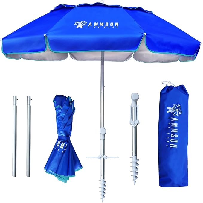 AMMSUN 6ft Folded Portable Travel Beach Umbrella with Sand Anchor Tilt Air vent UPF 50+UV Protection Fit In Suitcase Compact Foldable Telescopic umbrellas for Patio Garden Beach Pool Blue by AMMSUN