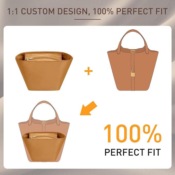Doxo Satin Fabric Picotin 22 Bag Insert - Premium Purse Organizer for Picotin 22 with Zipper Closure and Keychain, Lightweight & Discreet Inner Liner, Fits PC22 Luxury Totes, Gold - Image 3
