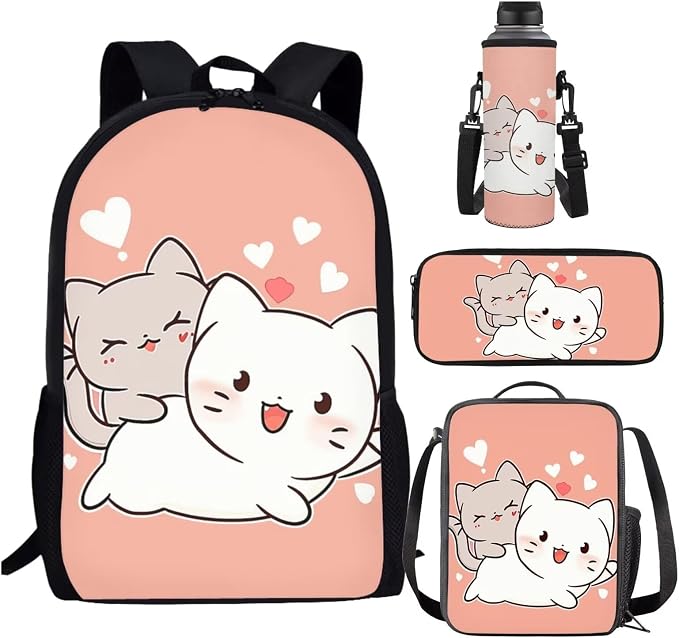 Cat Backpack with A Lunch Box for Girls Third-Grade Cute Bookbag for Girls 8-12/10-12/6-8 Elementary School Book Bag Lunchbox Set Kids Schoolbag Lunchbag Pencil Case Water Bottle Holder by SCRAWLGODDreamWardrobe