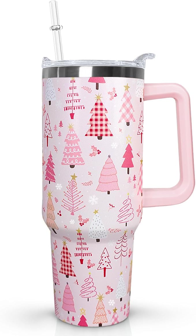30 Oz Pink Christmas Tree Tumbler With Handle,Pink Coffee Travel Mug Cup Water Bottle,Christmas Tree Decor,Christmas Gifts for Women