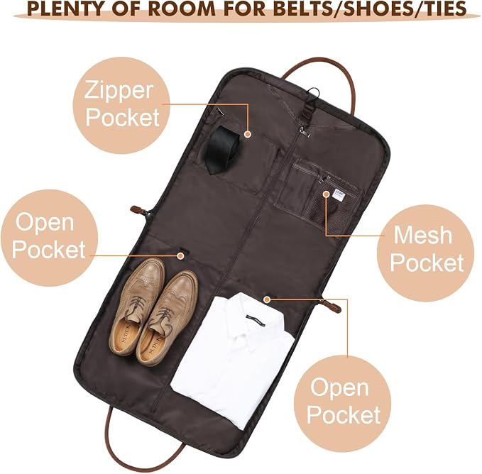 S-ZONE Carry on Garment Bag for Business Travel Canvas Leather Men Suit Cover | Leather Handle Straps, Multi-Pocket, Removable Shoulder strap, Trolley Sleeve, for Gym or Daily Use - Image 4