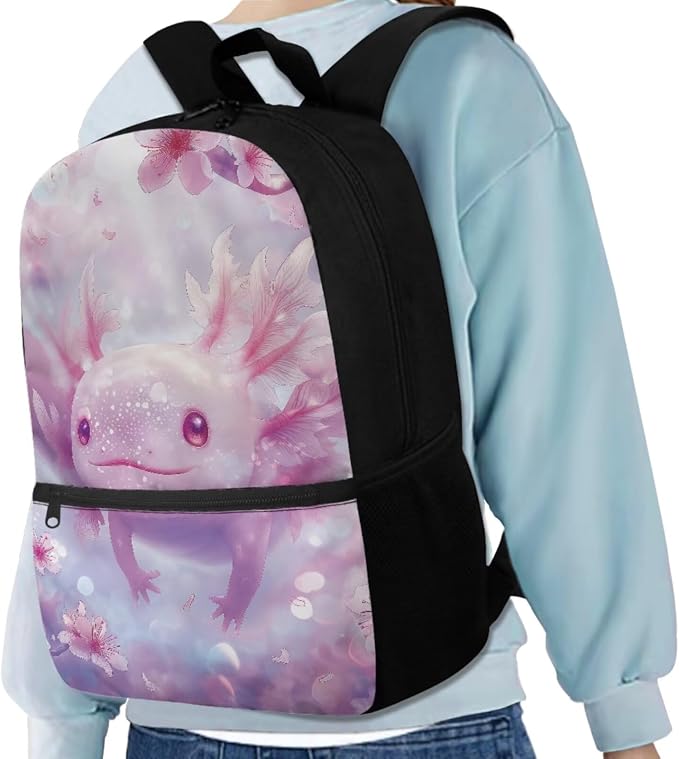 Cherry Blossom Axolotl Backpack for Girls Kids Backpack with Lunch Box Water Bottle Carrier and Aesthetic Pencil Case 4PCS Set Cute Bookbag with Front Pocket for School 17" Large School Bag - Image 2