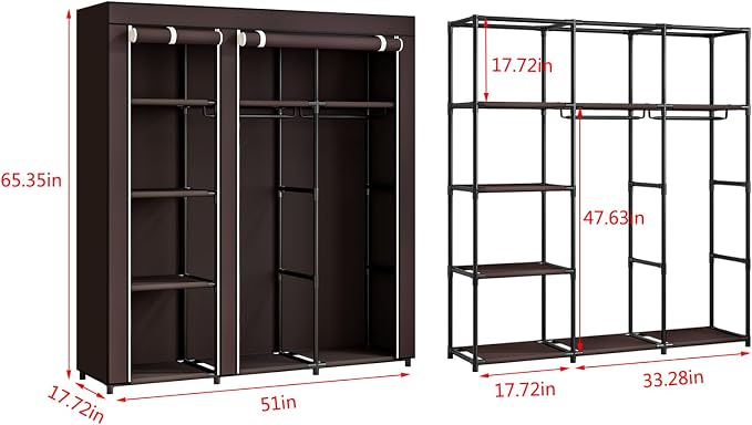 SORCEDAS Portable Wardrobe Closet Storage Organizer Metal Hanging Rack Non-Woven Fabric (Coffee, 51 Inch) - Image 5