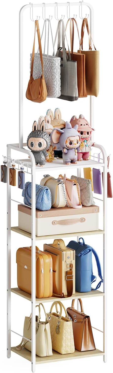 Tall Purse Organizer Stand with 3-Tier Thick Wood + 1-Tier High-Density Mesh, Adjustable Interchangeable, Slim Narrow Freestanding Handbag Rack with 5 Large & 6 Side Hooks, Closet Bag Storage White by Hayexiha
