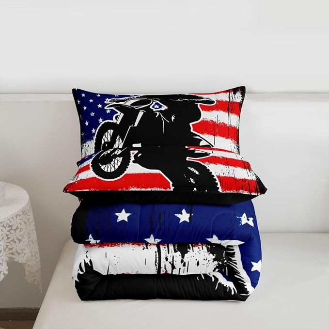 Dirt Bike Comforter Set Queen Motocross Comforter Retro American Flag Bedding Set for Kids Boys Teens Men Grunge Room Decor,Extreme Sports Tie Dye Bed Set Motor Biker Motorcycle Quilt Duvet Set 3 Pcs - Image 7