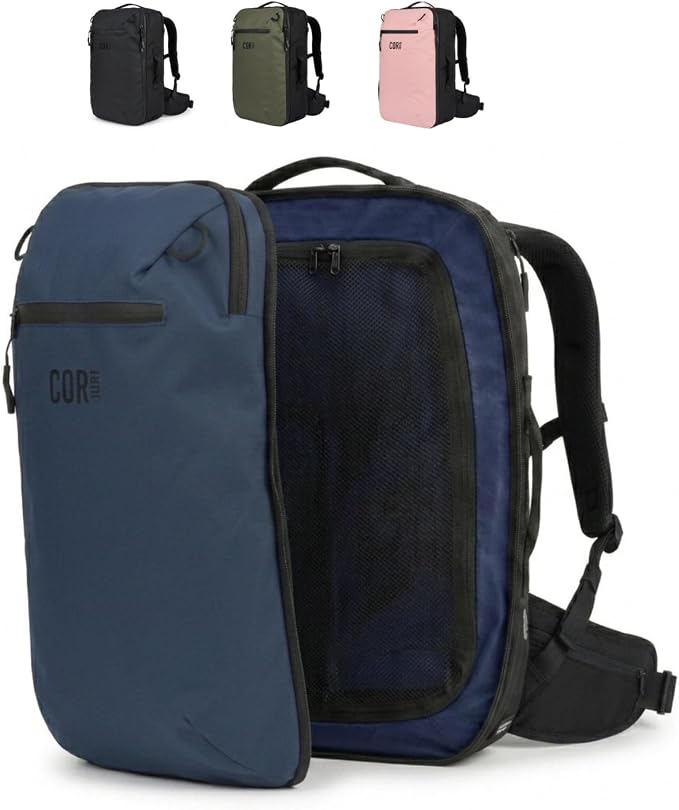 COR Surf Travel Backpack Carry On Backpack for Airplanes - Travel Backpack with Clamshell Design The Island Hopper - 40L Blue | Underseat Carry On Backpack for Men & Women, Clamshell Opening, Hidden Passport Pockets, Water Resistant, Laptop Sleeve, YKK by CORSurf