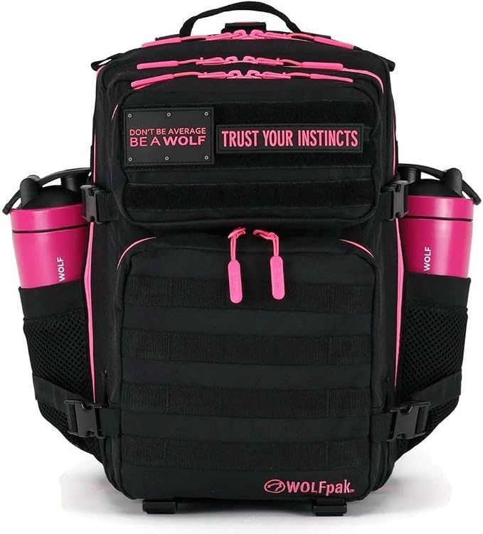 WOLFpak 35L Tactical Gym Backpack (Black Neon Pink) Durable 1000D Waterproof Oxford Material with MOLLE Webbing, Laptop Pocket & Dual Cup Holders, Durable Fitness/Travel/Military Daypack by WOLFpak