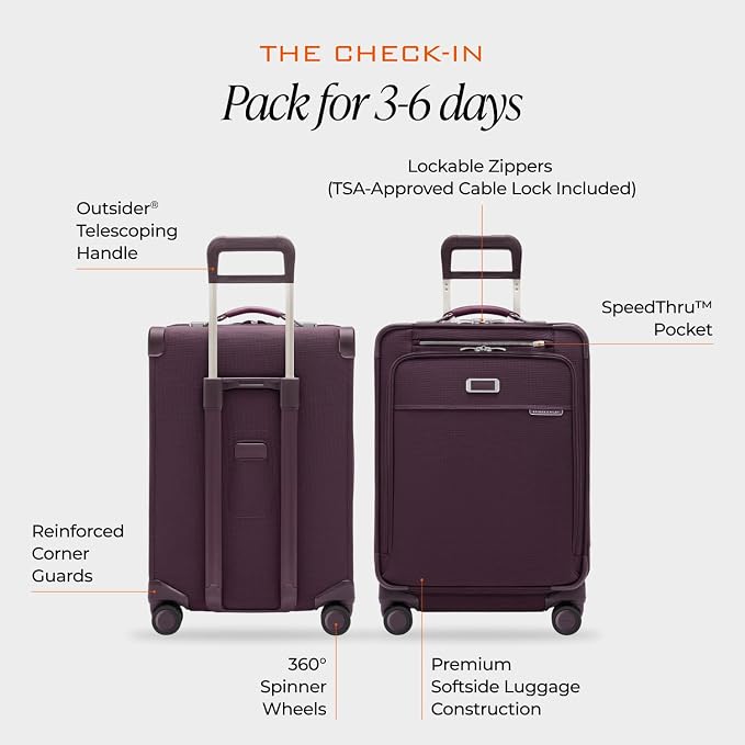 Briggs & Riley 24 Inch Compact Checked Suitcase Luggage with Wheels - Zipperless Compression Expansion System, 360 Spinner, Flat Packing Interior, Accessible Front Pocket - Baseline Collection - Plum - Image 3