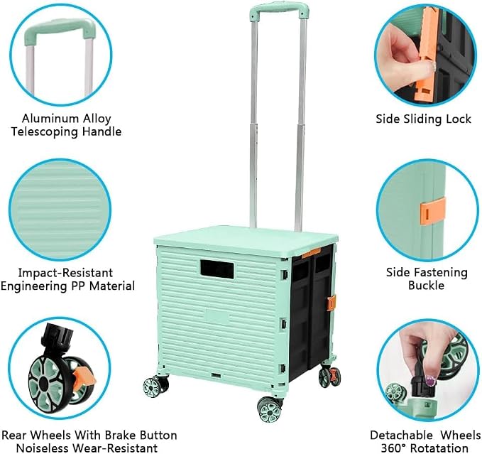 Foldable Utility Cart Portable Rolling Crate Handcart Shopping Trolley Collapsible 4 Rotate Wheels with Durable Heavy Duty Plastic Telescoping Handle for Travel Shopping Moving Storage Office Use - Image 4