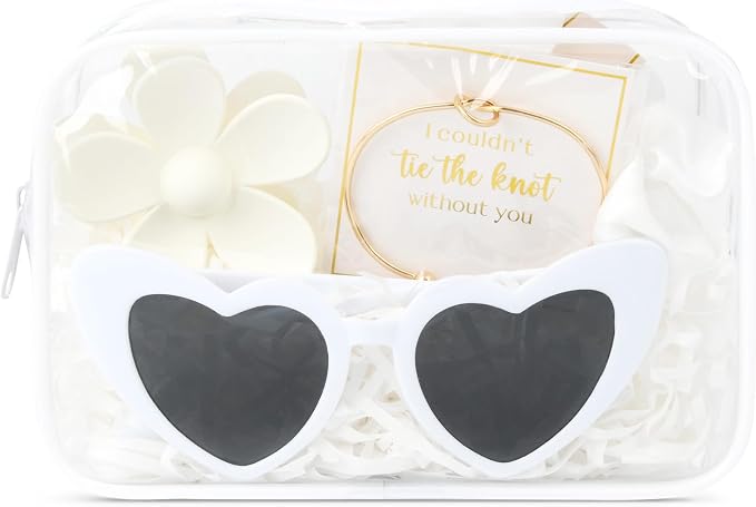 DEEKA 5 Pcs Bridesmaid Proposal Bag Set Gift Clear Makeup Toiletry Bag Bachelorette Party Favors Sunglasses Flower Claw Clips Scrunchies Knot Bracelets Bridal Wedding Party Gifts (White) by DEEKA
