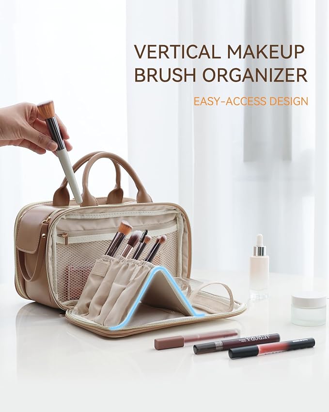 Prite Travel Makeup Bag Women’s Large Capacity Waterproof Cosmetic Organizer Portable Open Flat Toiletry Case with Free-standing Brush Holder and Handle(Beige Brown Medium) - Image 4