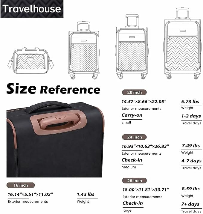 Travelhouse 4-Piece Softside Luggage Set with Spinner Wheels | Lightweight expandable suitcases: 16" underseat duffel bag + 20" carry-on + 24" + 28" checked - Image 3