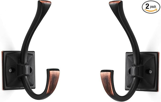 Large Wall Hooks 2 Pack Oil Rubbed Bronze Coat Hooks Hardware Towel Hooks for Hanging Coats 4.35 Inch Double Robe Hooks Wall Mounted with Screws for Key, Towel, Bags, Cup, Hat by ZAUYX