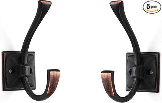 Large Wall Hooks 5 Pack Oil Rubbed Bronze Coat and Towel Hooks for Coats, Robes, Key and More - 4.35 Inch Double Hooks with Screws for Wall Mounting by ZAUYX