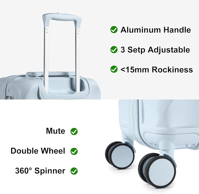 Somago Luggage Sets 20in Carry on Suitcase with TSA Lock YKK Zipper Spinner Wheels ABS Hardside Luggage 3 Piece Weekender Bags Travel Set, Light Blue - Image 6